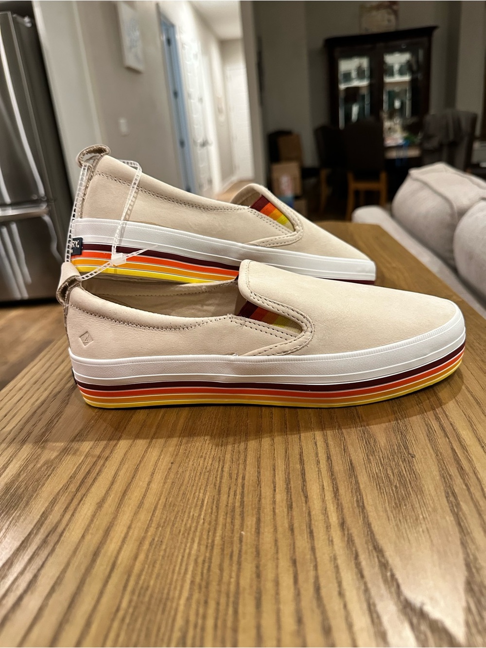 Sperry Beige Slip-On Platform Sneakers with Rainbow Stripe Sole
